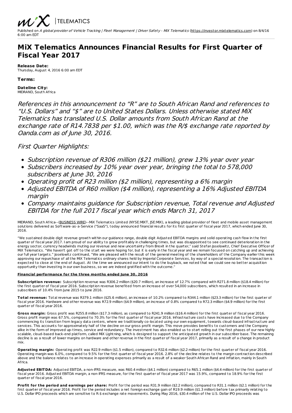 Mix Telematics Announces Financial Results for First Quarter of Fiscal Year 2017