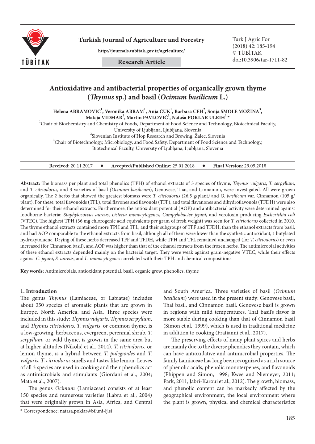 Antioxidative and Antibacterial Properties of Organically Grown Thyme (Thymus Sp.) and Basil (Ocimum Basilicum L.)