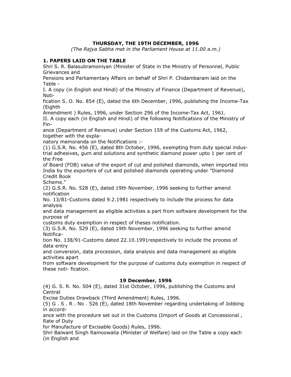 THURSDAY, the 19TH DECEMBER, 1996 (The Rajya Sabha Met in the Parliament House at 11.00 A.M.)