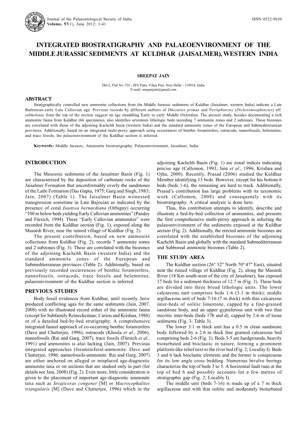 Integrated Biostratigraphy and Palaeoenvironment of the Middle Jurassic Sediments at Kuldhar (Jaisalmer), Western India