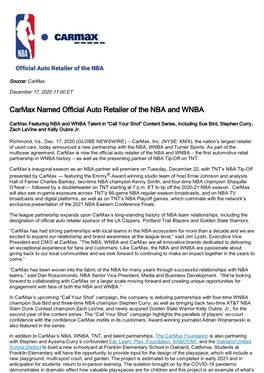 Carmax Named Official Auto Retailer of the NBA and WNBA