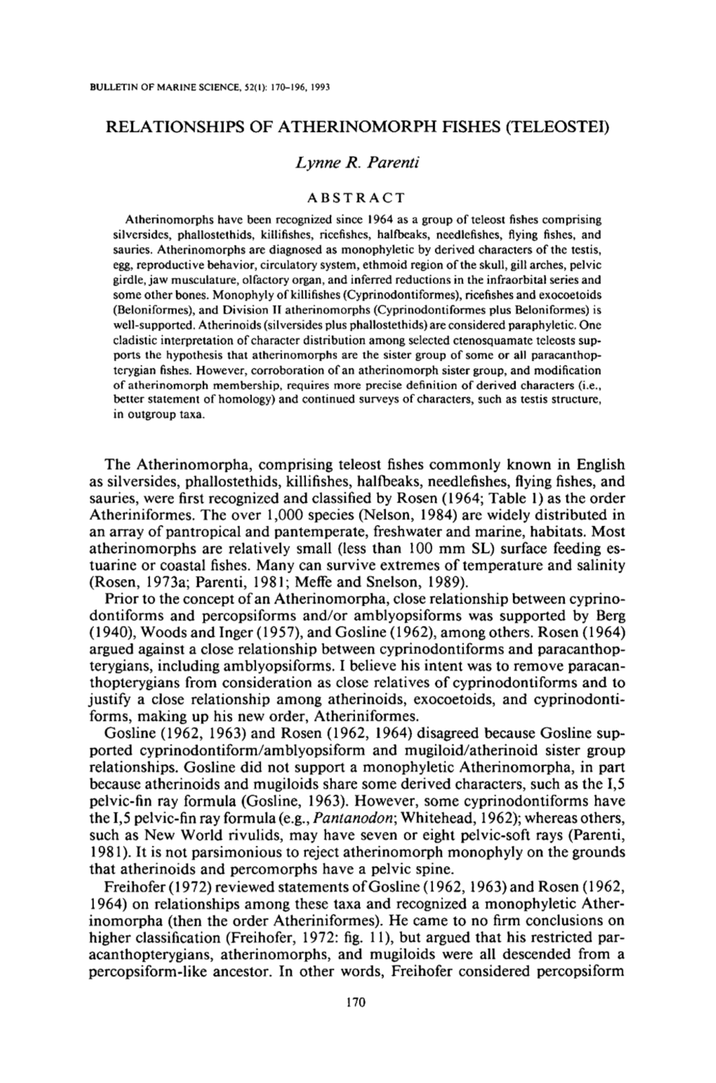 Relationships of Atherinomorph Fishes (Teleostei)