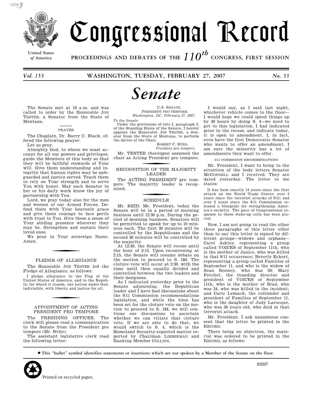 Congressional Record United States Th of America PROCEEDINGS and DEBATES of the 110 CONGRESS, FIRST SESSION