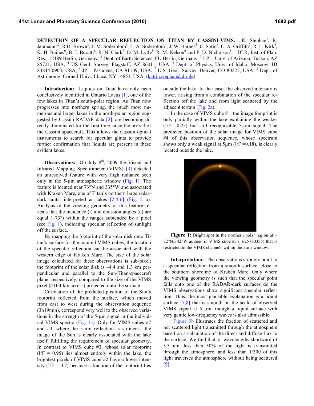 Detection of a Specular Reflection on Titan by Cassini-Vims