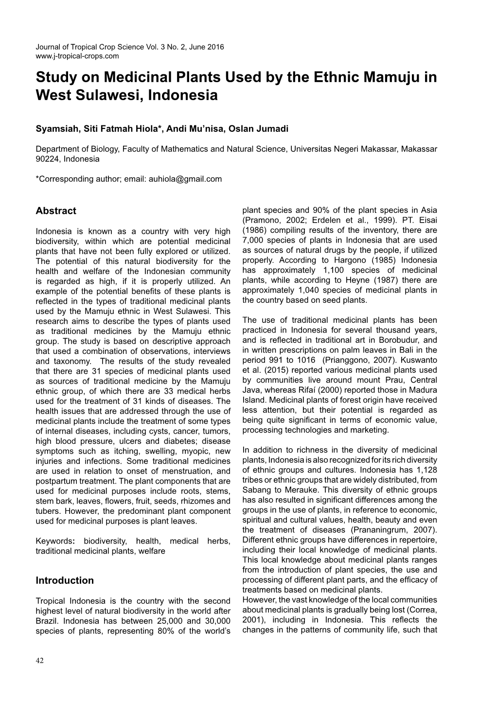 Study on Medicinal Plants Used by the Ethnic Mamuju in West Sulawesi, Indonesia