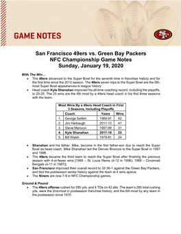 San Francisco 49Ers Vs. Green Bay Packers NFC Championship Game Notes Sunday, January 19, 2020