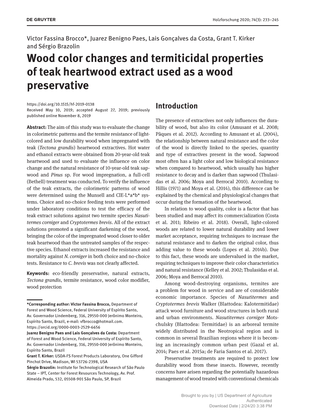 Wood Color Changes and Termiticidal Properties of Teak Heartwood Extract