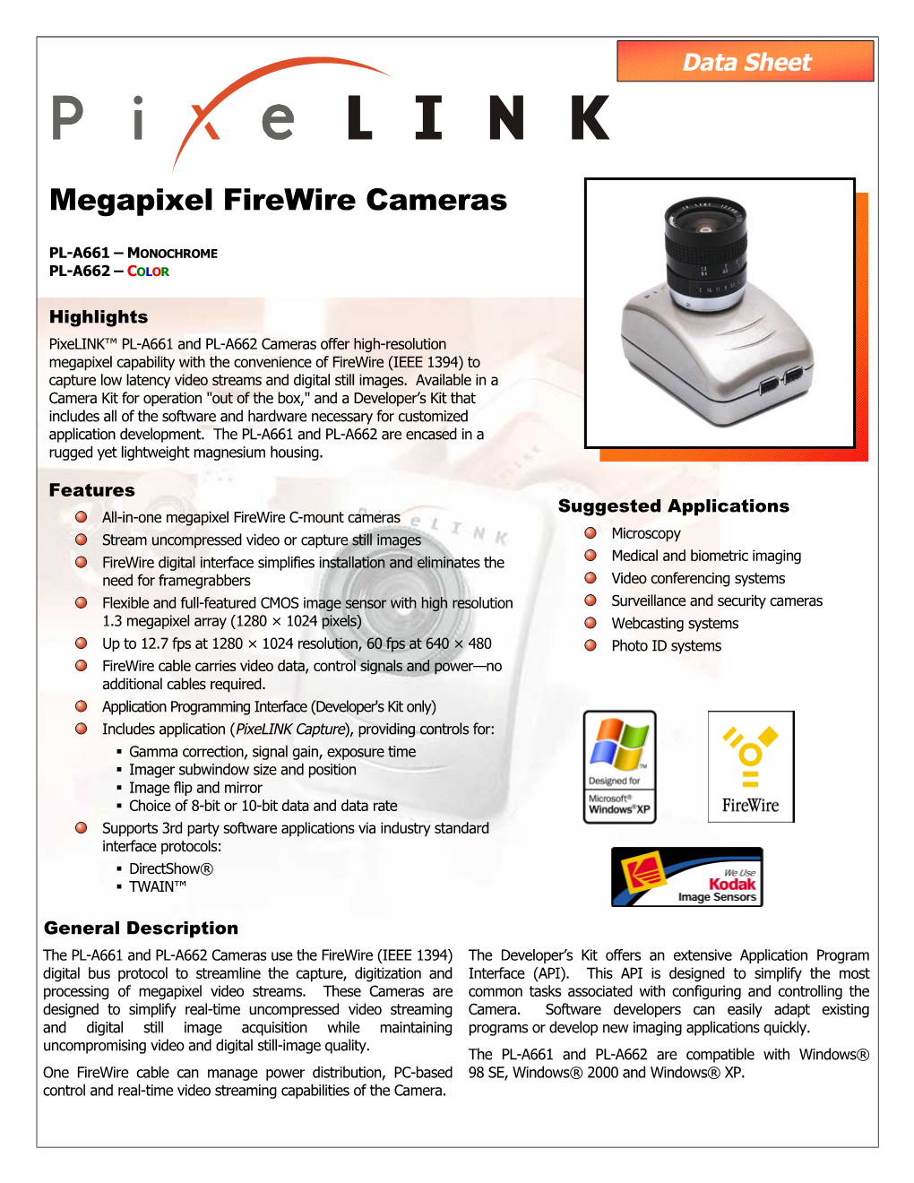 PL-A661, PL-A662 Megapixel Firewire Camera Datasheet