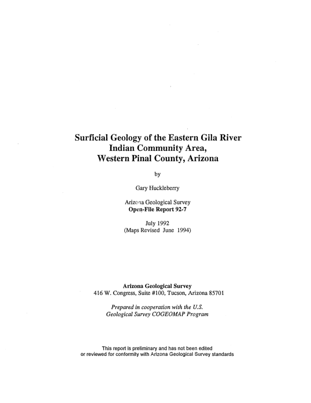 Surficial Geology of the Eastern Gila River Indian Community Area, Western Pinal County, Arizona