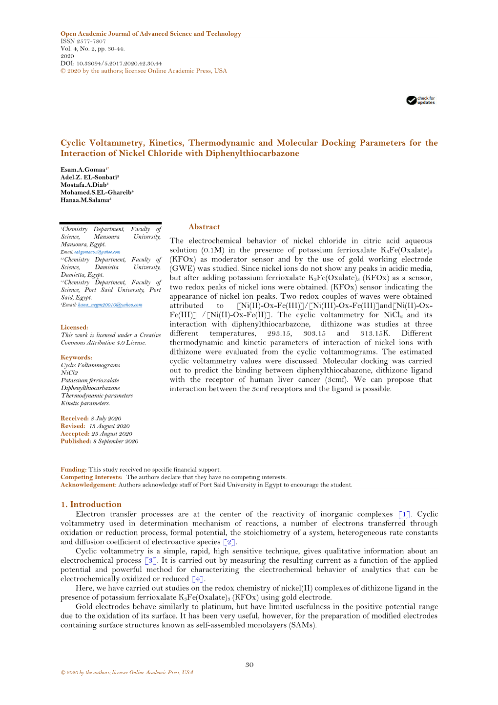 Cyclic Voltammetry, Kinetics, Thermodynamic and Molecular Docking Parameters for the Interaction of Nickel Chloride with Diphenylthiocarbazone