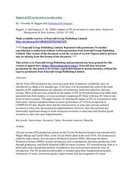 Impact of JIT on Inventory to Sales Ratios By