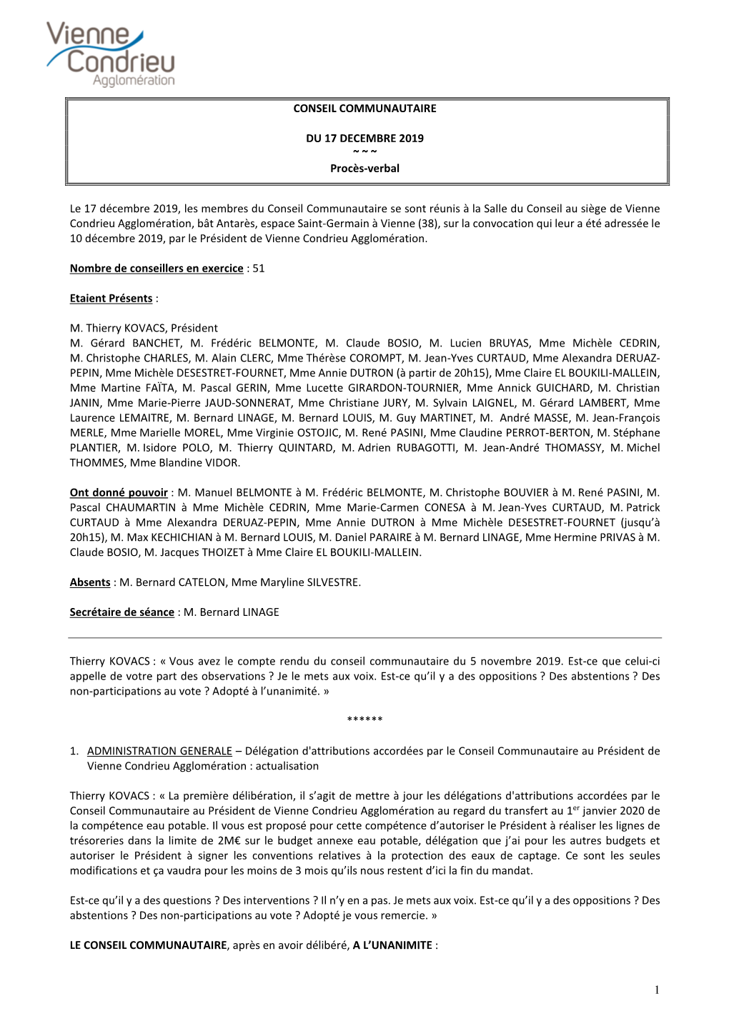 PV Conseil Communautaire Du 17 Décembre 2019