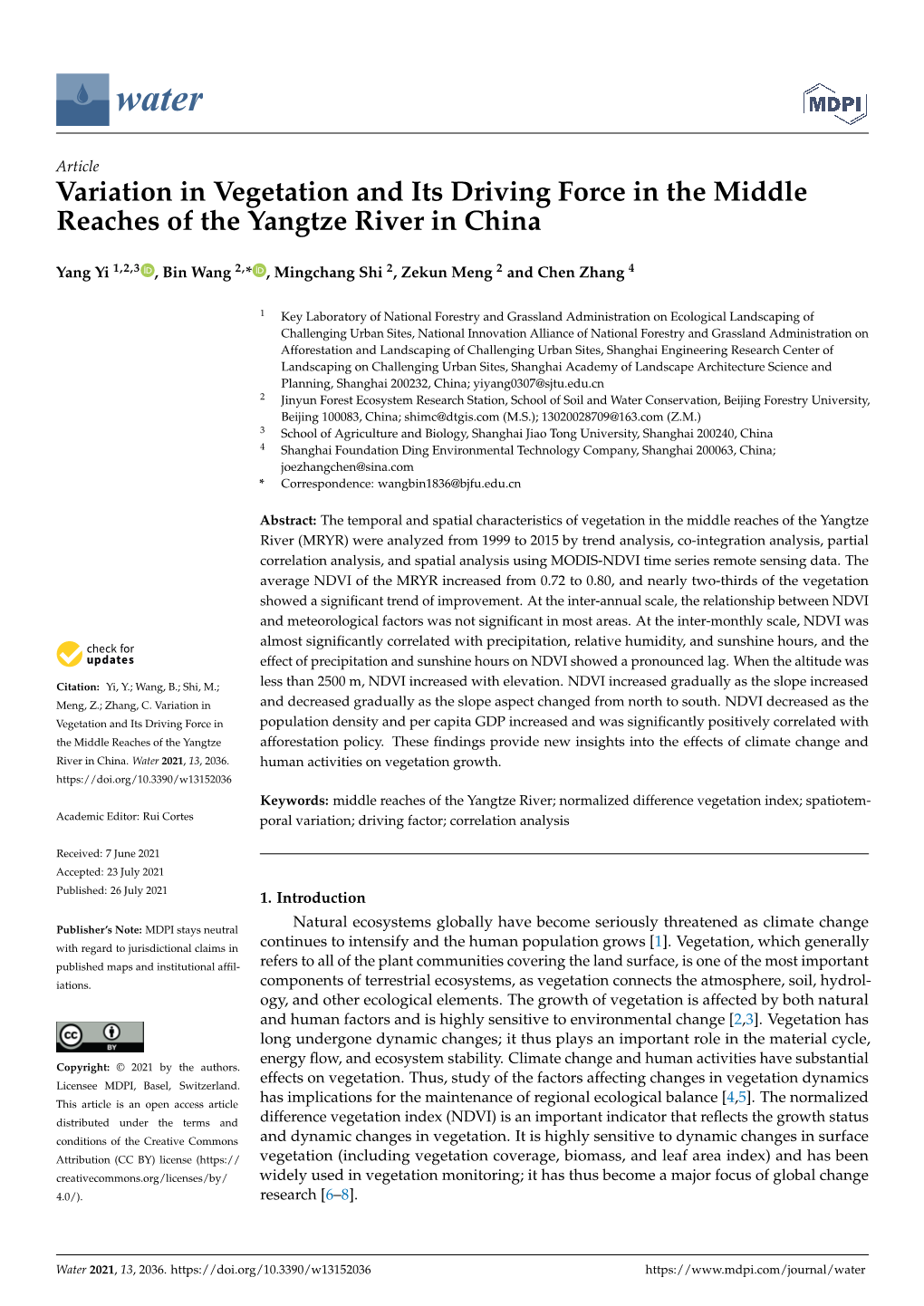 Variation in Vegetation and Its Driving Force in the Middle Reaches of the Yangtze River in China