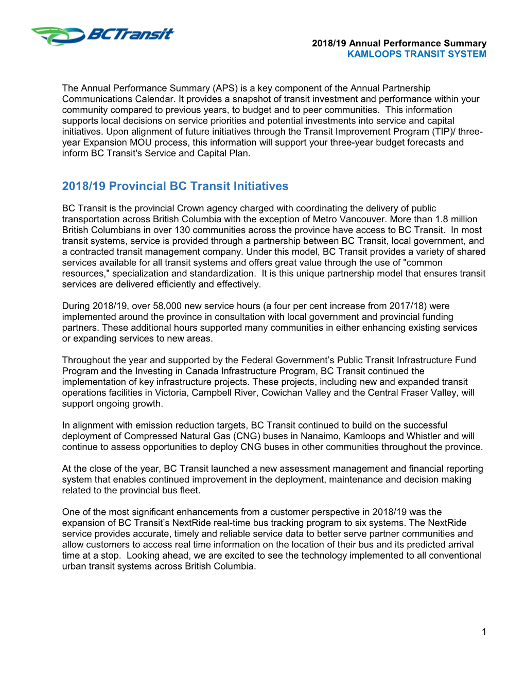 2018/19 Provincial BC Transit Initiatives