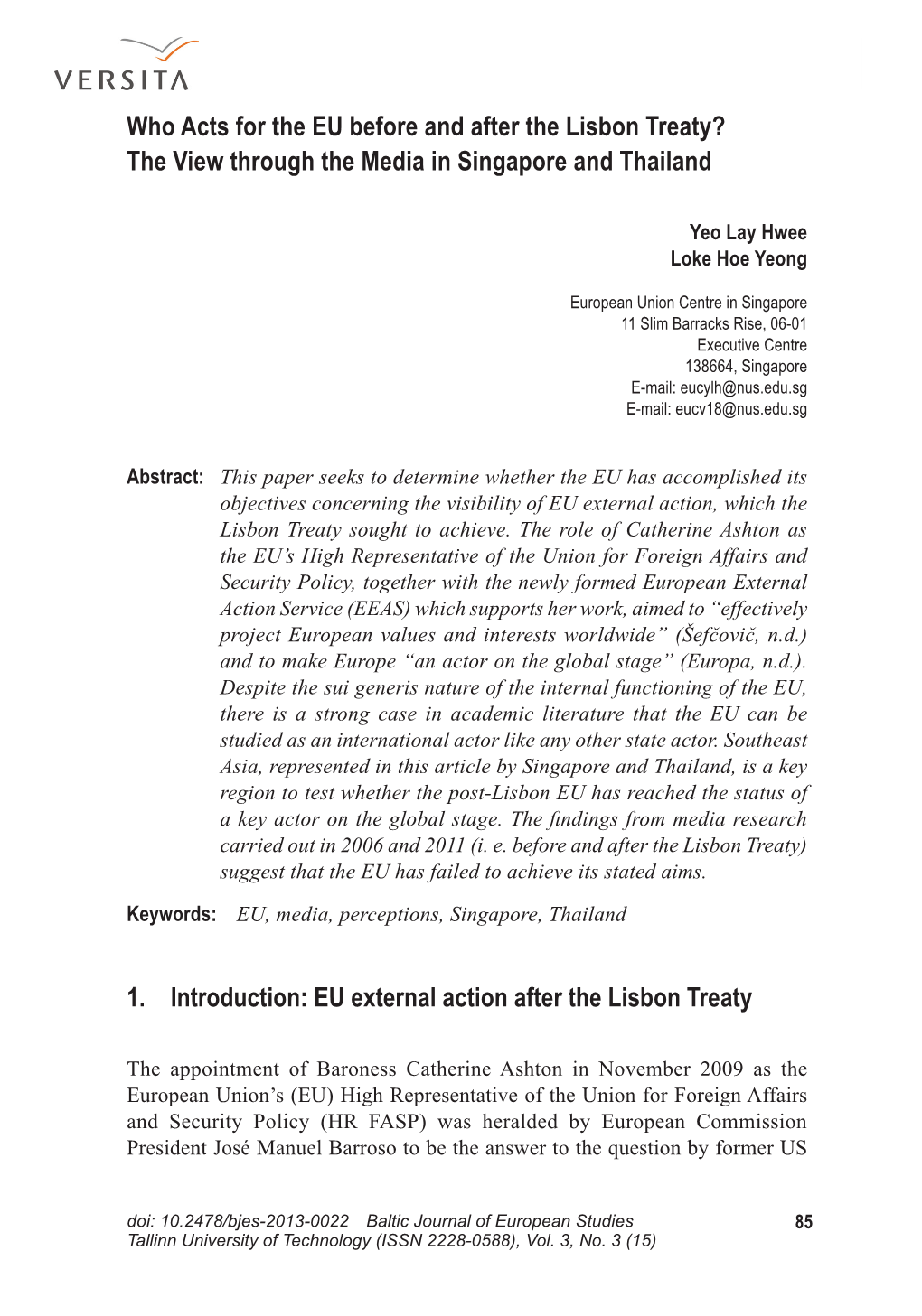 Who Acts for the EU Before and After the Lisbon Treaty? the View Through the Media in Singapore and Thailand