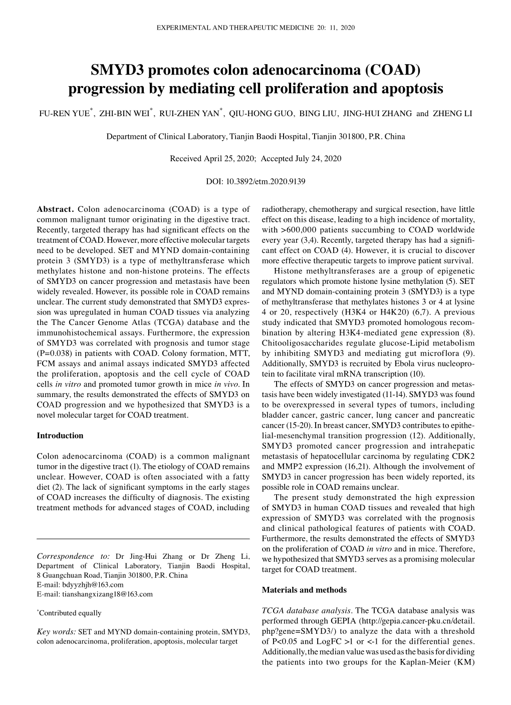 SMYD3 Promotes Colon Adenocarcinoma (COAD) Progression by Mediating Cell Proliferation and Apoptosis