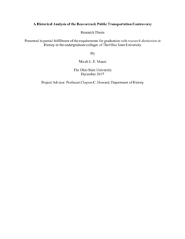 A Historical Analysis of the Beavercreek Public Transportation Controversy Research Thesis Presented in Partial Fulfillment of T
