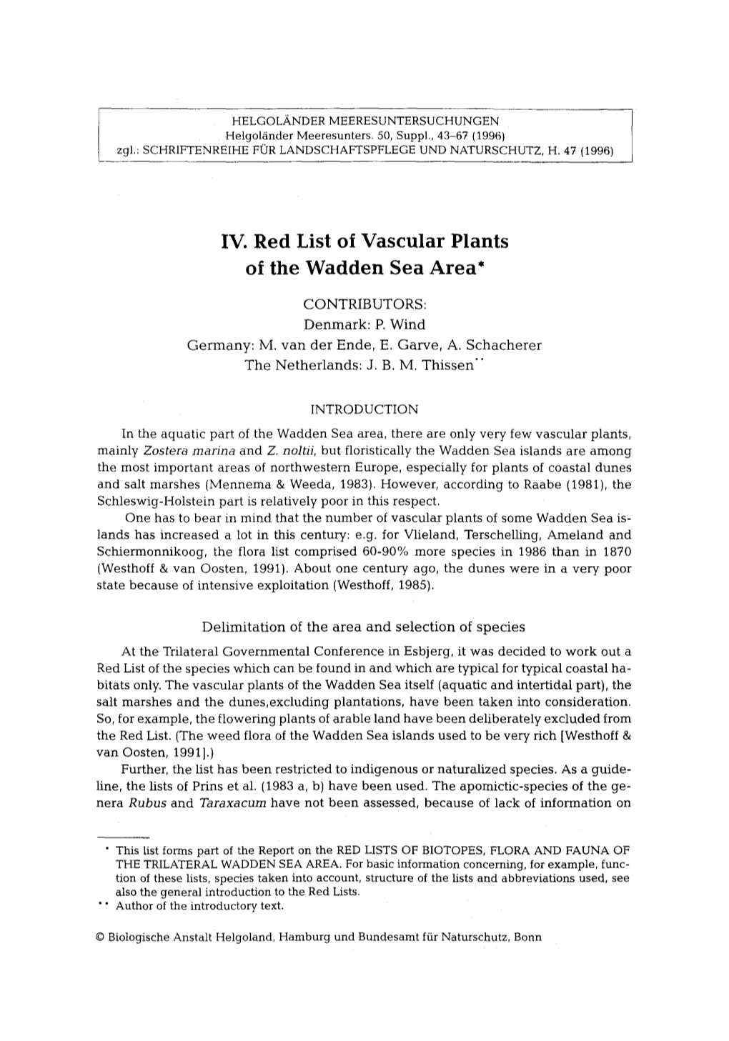 Red List of Vascular Plants of the Wadden Sea Area*