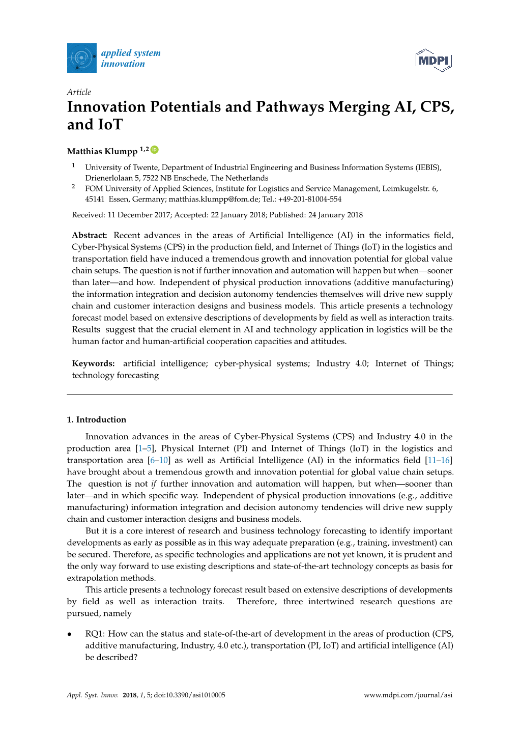 Innovation Potentials and Pathways Merging AI, CPS, and Iot