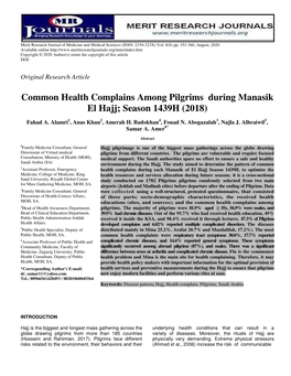 Common Health Complains Among Pilgrims During Manasik El Hajj; Season 1439H (2018)