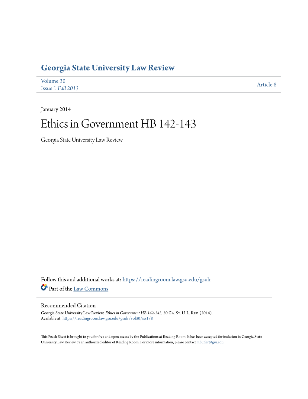 Ethics in Government HB 142-143 Georgia State University Law Review