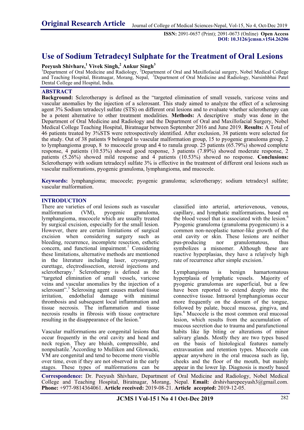 Use of Sodium Tetradecyl Sulphate for the Treatment of Oral Lesions