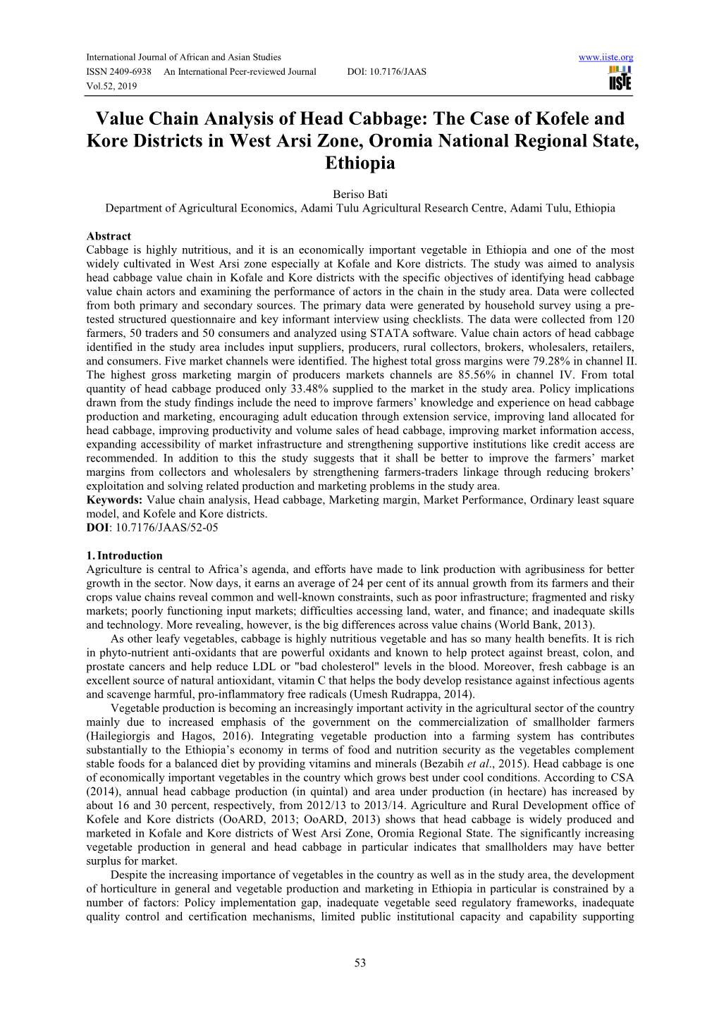 Value Chain Analysis of Head Cabbage: the Case of Kofele and Kore Districts in West Arsi Zone, Oromia National Regional State, Ethiopia