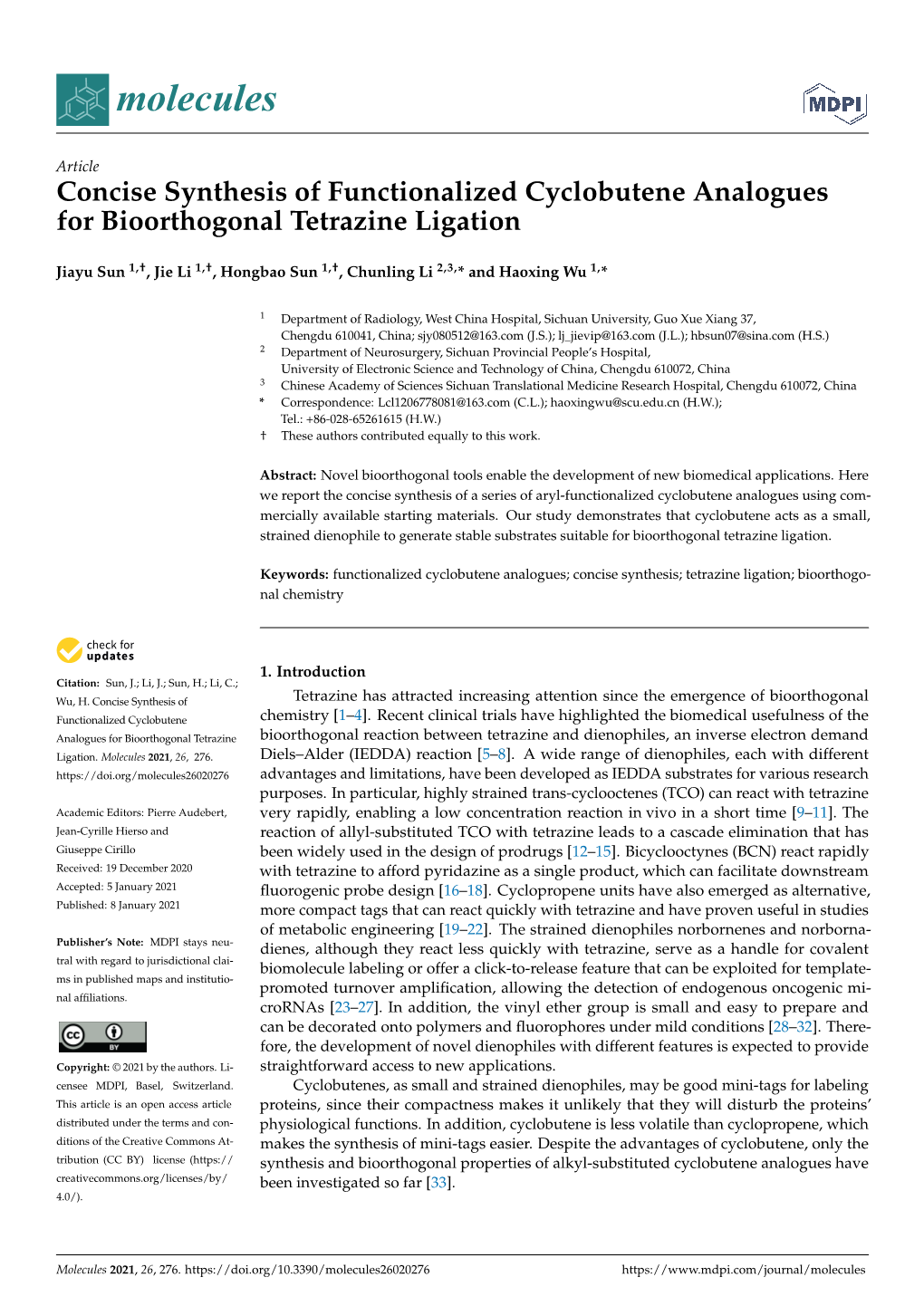 Concise Synthesis of Functionalized Cyclobutene Analogues for Bioorthogonal Tetrazine Ligation