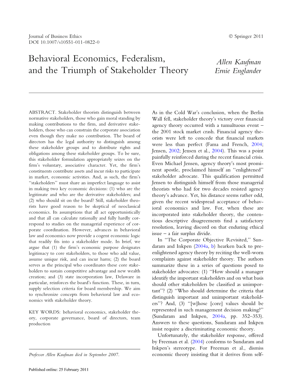 Behavioral Economics, Federalism, and the Triumph of Stakeholder