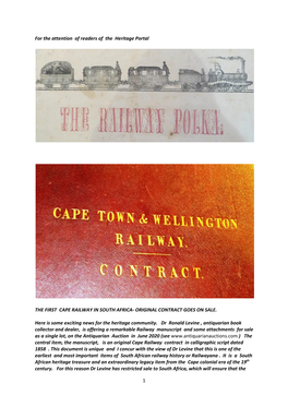 For the Attention of Readers of the Heritage Portal the FIRST CAPE RAILWAY in SOUTH AFRICA- ORIGINAL CONTRACT GOES on SALE