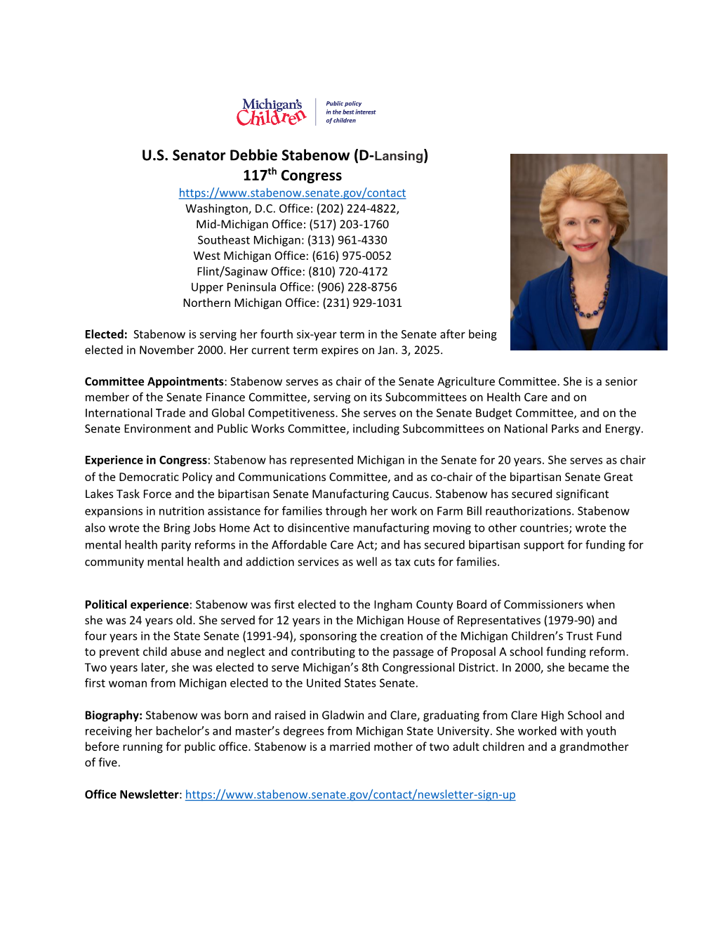 U.S. Senator Debbie Stabenow (D-Lansing) 117Th Congress Washington, D.C