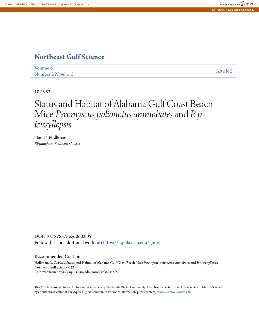 Status and Habitat of Alabama Gulf Coast Beach Mice Peromyscus Polionotus Ammobates and P