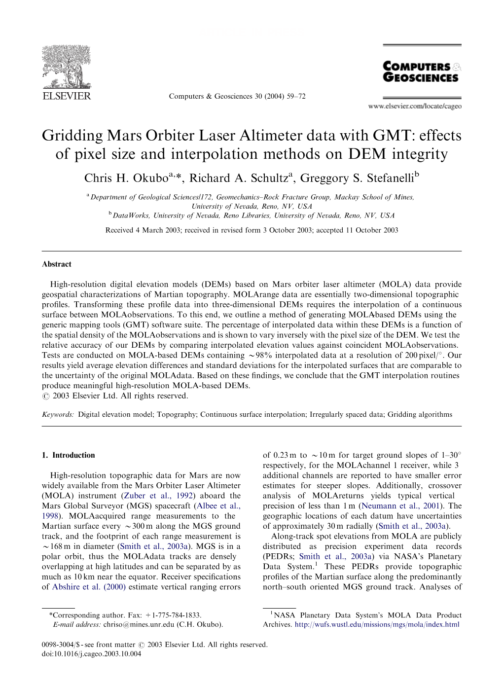Gridding Mars Orbiter Laser Altimeter Data with GMT: Effects of Pixel Size and Interpolation Methods on DEM Integrity Chris H