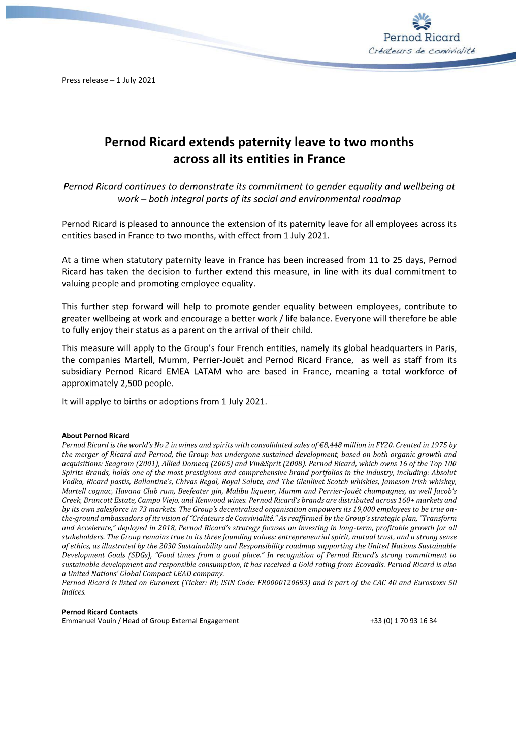 Pernod Ricard Extends Paternity Leave to Two Months Across All Its Entities in France