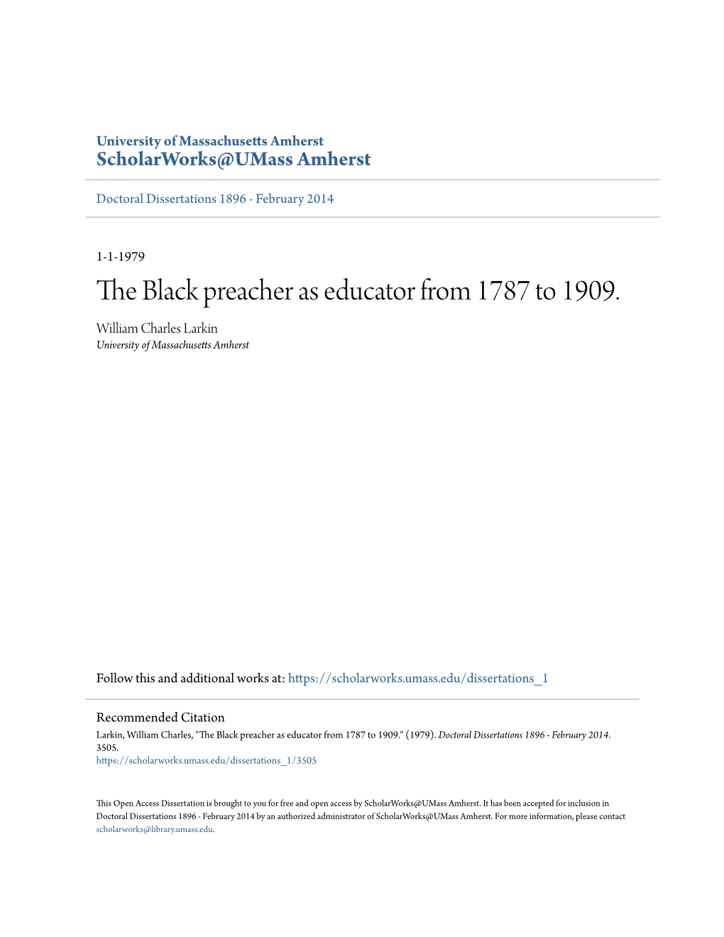 The Black Preacher As Educator from 1787 to 1909