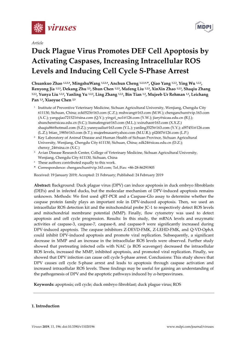 Duck Plague Virus Promotes DEF Cell Apoptosis by Activating Caspases, Increasing Intracellular ROS Levels and Inducing Cell Cycle S-Phase Arrest