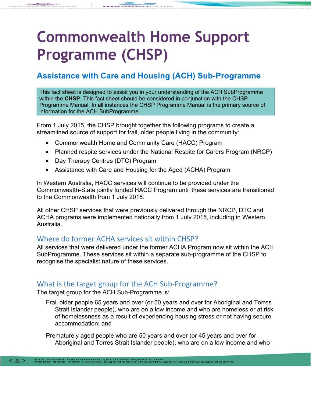 Factsheet - CHSP Assistance with Care and Housing