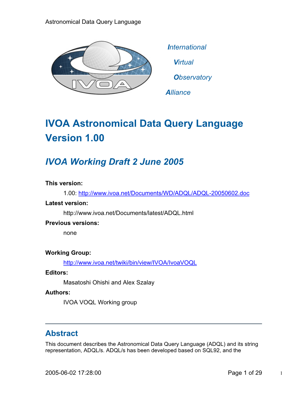 IVOA Astronomical Data Query Language Version 1.00