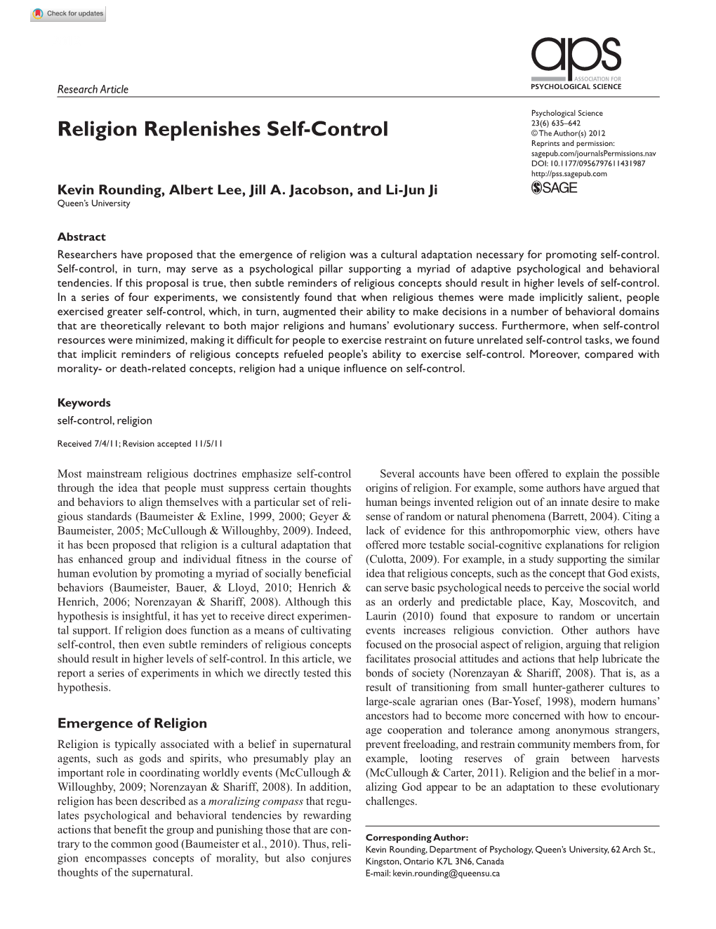Religion Replenishes Self-Control