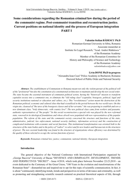 Some Considerations Regarding the Romanian Criminal Law During the Period of the Communist Regime. Post-Communist Transition and Reconstruction Justice