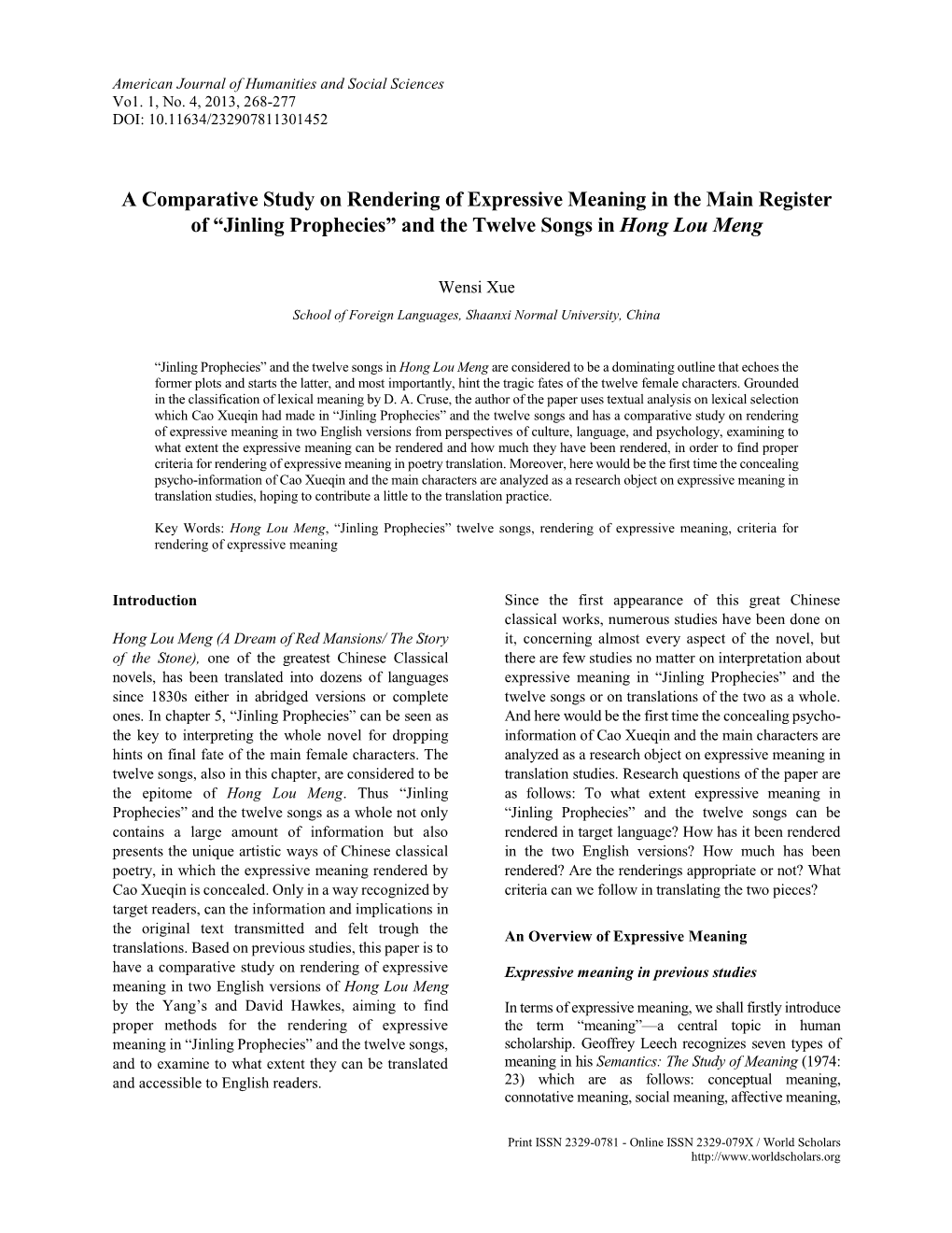 A Comparative Study on Rendering of Expressive Meaning in the Main Register of “Jinling Prophecies” and the Twelve Songs in Hong Lou Meng