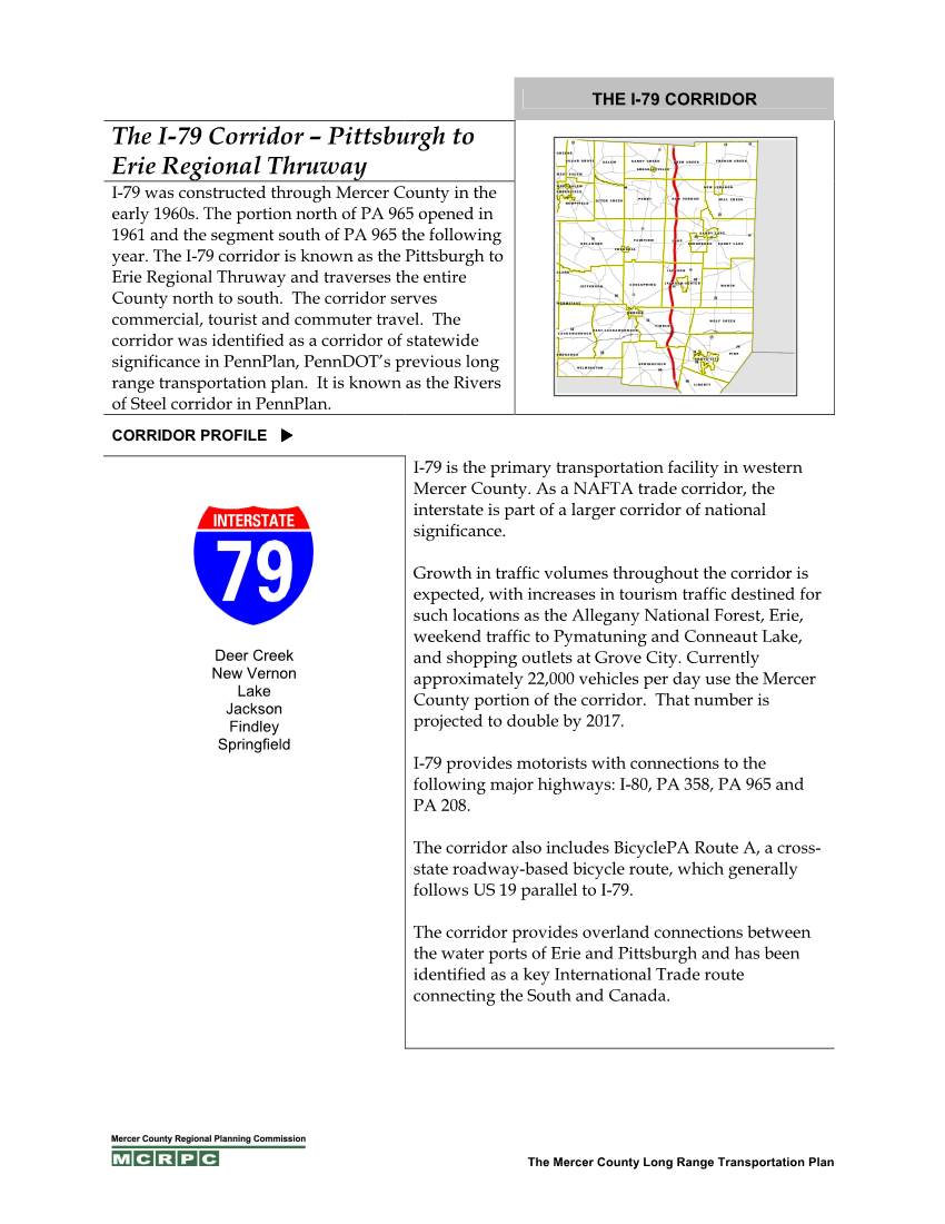 The I-79 Corridor – Pittsburgh to Erie Regional Thruway I-79 Was Constructed Through Mercer County in the Early 1960S