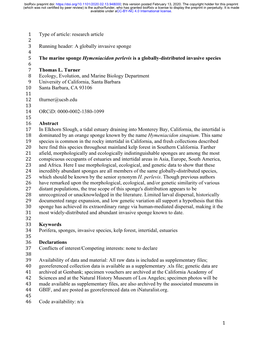 The Marine Sponge Hymeniacidon Perlevis Is a Globally-Distributed Invasive Species 6 7 Thomas L