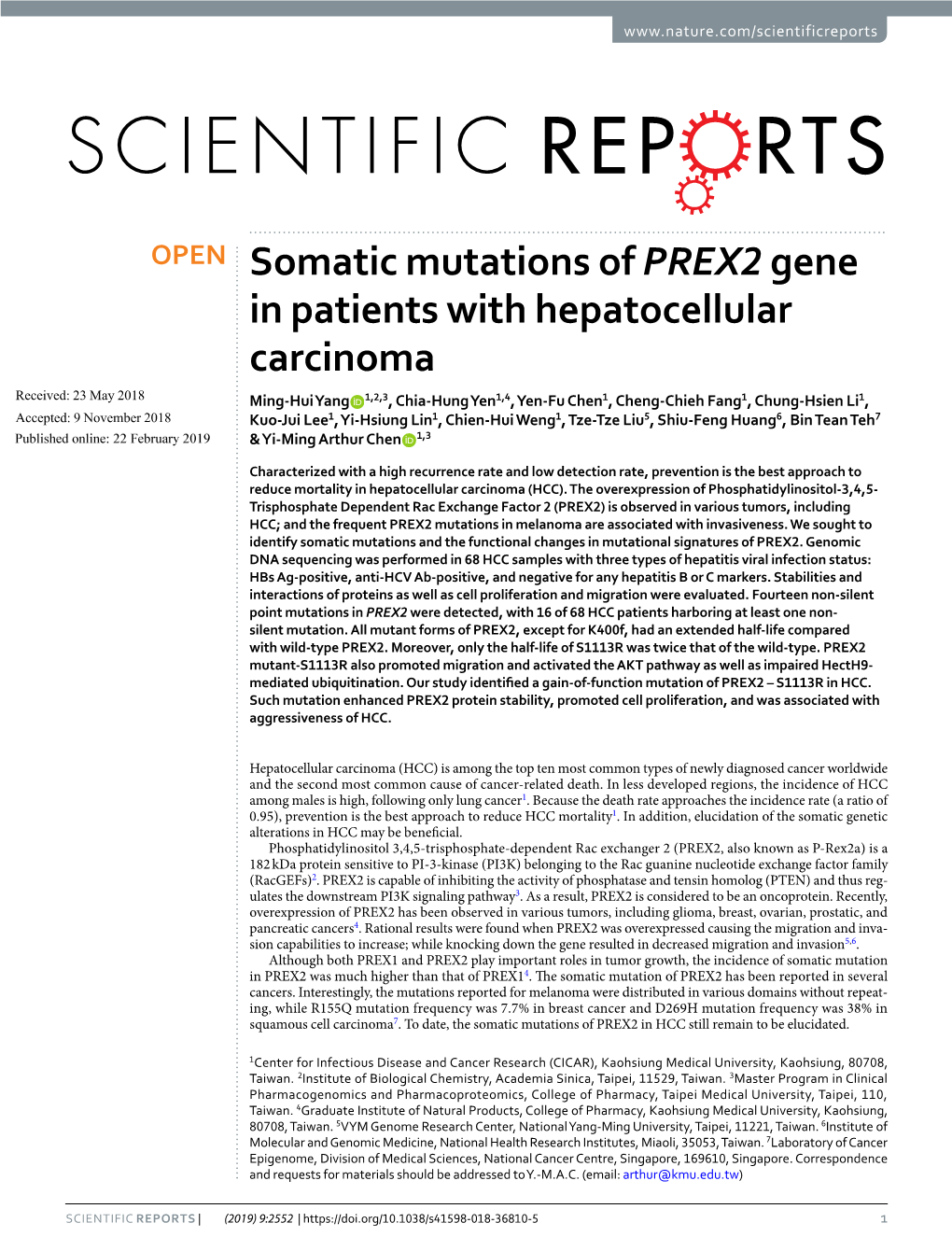 Somatic Mutations of PREX2 Gene in Patients with Hepatocellular Carcinoma