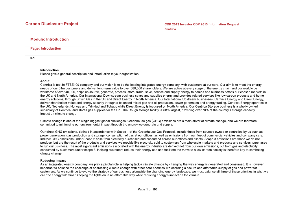 Carbon Disclosure Project CDP 2013 Investor CDP 2013 Information Request Centrica
