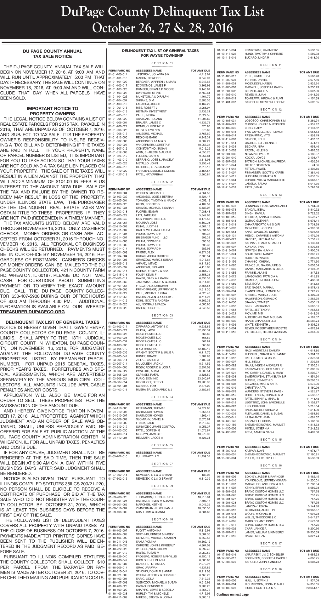 Dupage County Delinquent Tax List October 26, 27 & 28, 2016