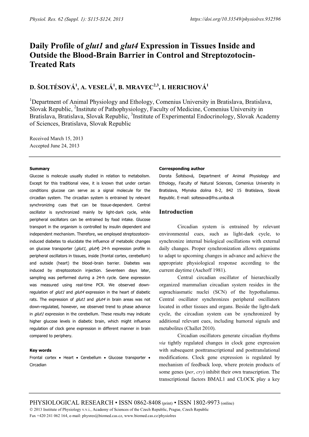 Daily Profile of Glut1 and Glut4 Expression in Tissues Inside and Outside the Blood-Brain Barrier in Control and Streptozotocin- Treated Rats