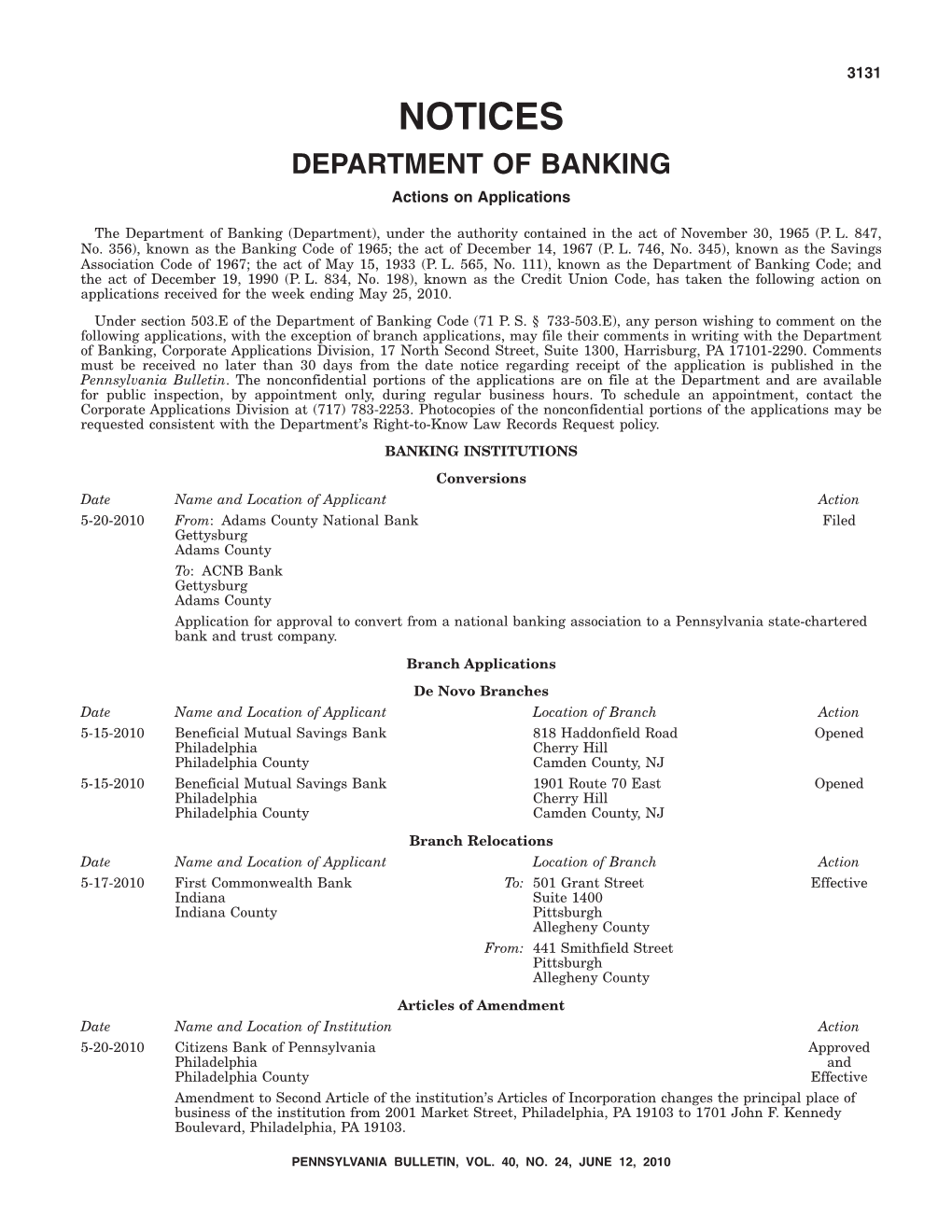 NOTICES DEPARTMENT of BANKING Actions on Applications