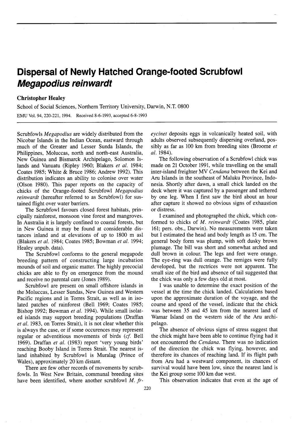 Dispersal of Newly Hatched Orange-Footed Scrubfowl Megapodius Rein Wardt