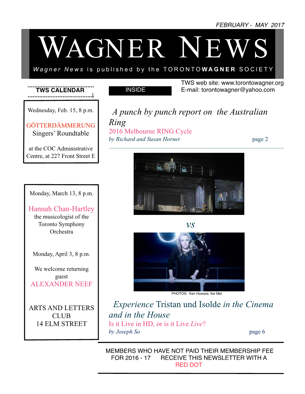 WAGNER NEWS Wagner News Is Published by the TORONTOWAGNER SOCIETY